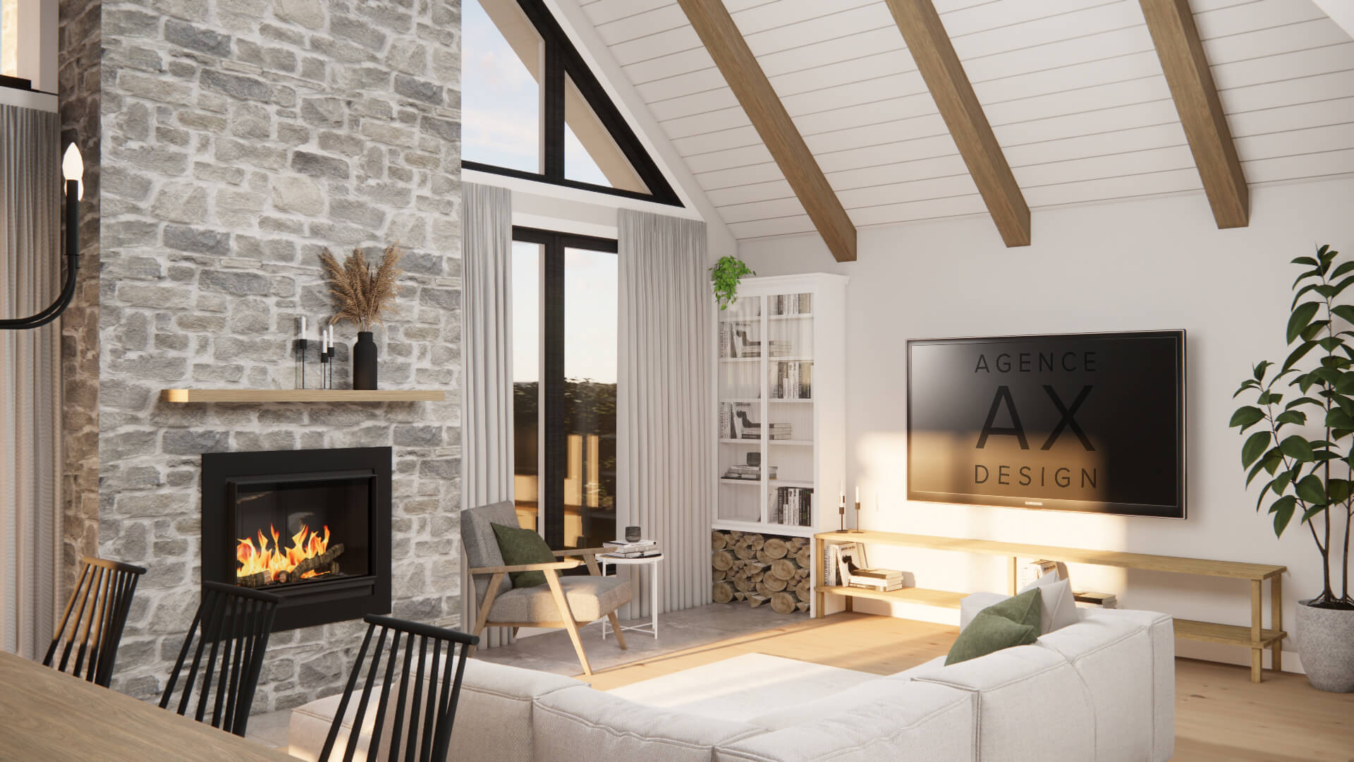 Aménagement d'intérieur, poutre apparente, plafond cathédral pour maison ou chalet.